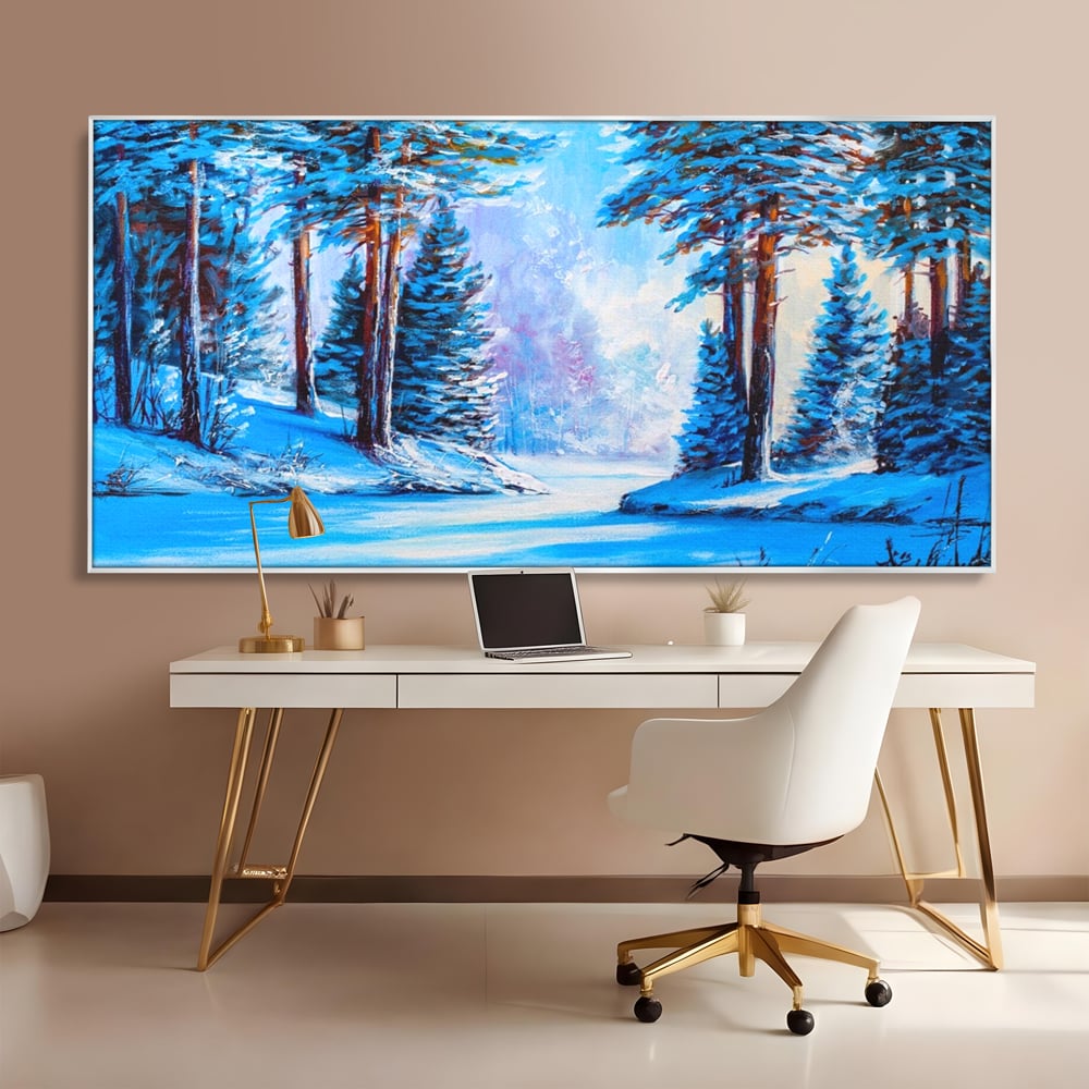 Tablou canvas cu pictura peisaj de iarna cu padure si zapada, in rama de aluminiu argintiu, pe perete intr-un birou